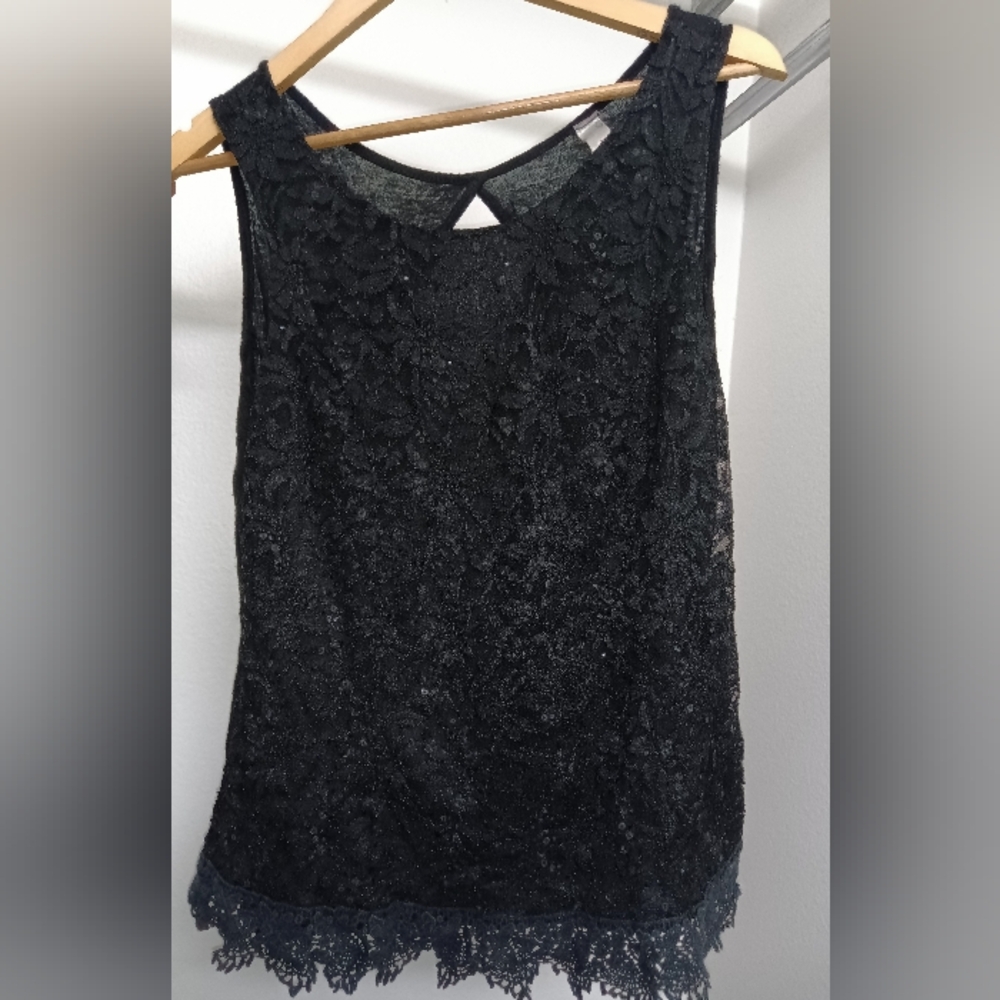 Black Sequined Party Top w/ Elegant Embroidered Lace.